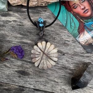 Oxidized Wire Wrapped Blue Moonstone Flower Pendant Necklace